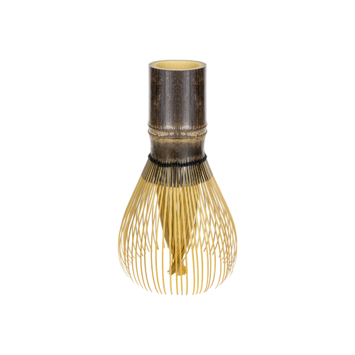 A traditional Japanese bamboo whisk (chashaku) with a dark brown bamboo top and fine gold-colored whisking bristles, isolated on a white background.