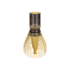 A traditional Japanese bamboo whisk (chashaku) with a dark brown bamboo top and fine gold-colored whisking bristles, isolated on a white background.