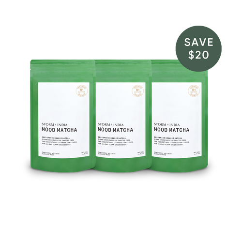 Three green stand-up pouches of Storm + India Mood Matcha are shown on a white background, with a dark green circular badge in the top right that reads 'SAVE $20'.
