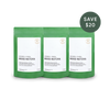 Three green stand-up pouches of Storm + India Mood Matcha are shown on a white background, with a dark green circular badge in the top right that reads 'SAVE $20'.