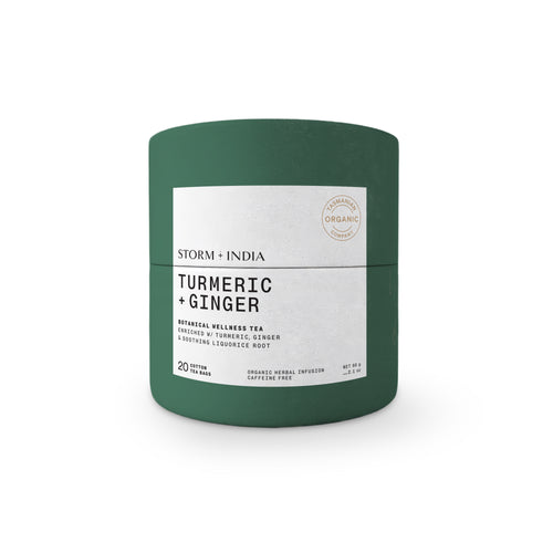 STORM + INDIA Turmeric + Ginger certified organic tea in natural cotton tea bags